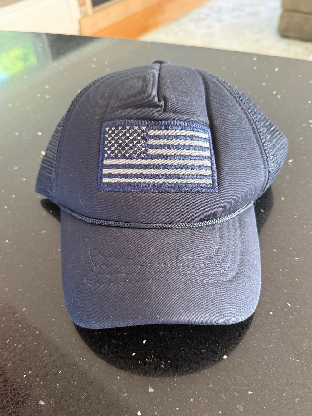 Men's Navy Trucker Cap with Subdued American Flag Patch